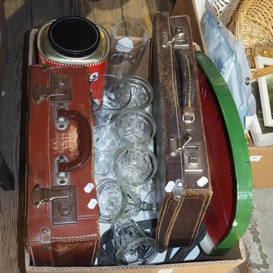box; small suitcases, tray, lolly jar etc