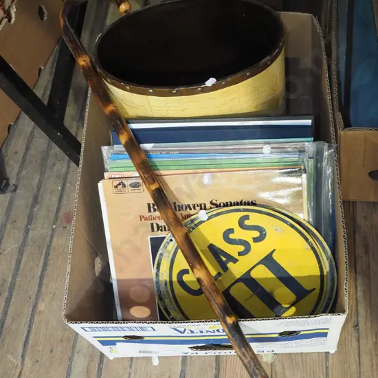 box; wastepaper bin, LPs, class signs etc