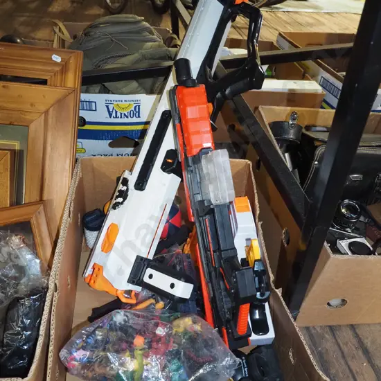 box; toys, nerf guns