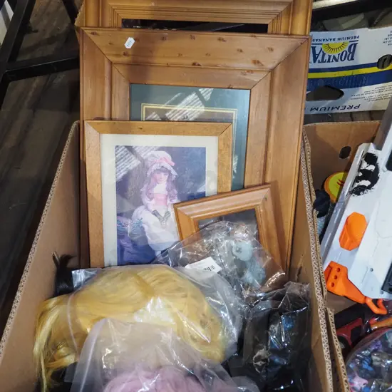 box; wigs, prints, picture frame