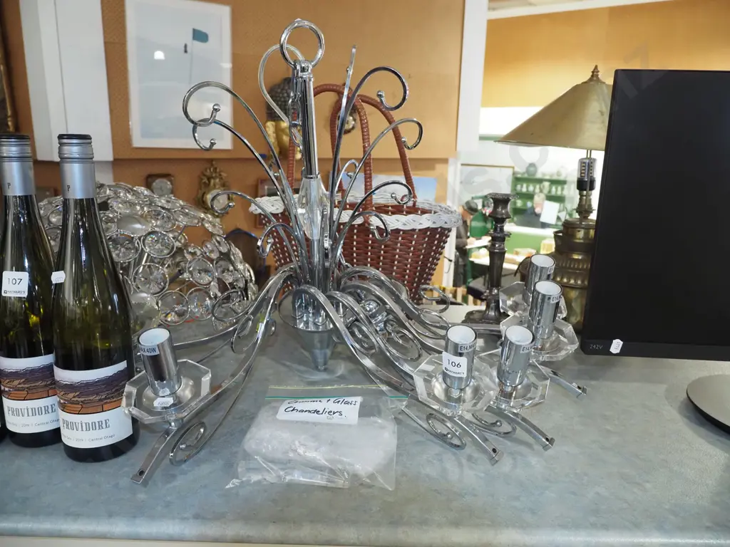 chrome and glass 6 bulb chandelier with lustres Image 1++