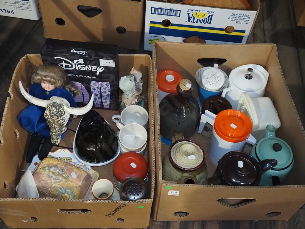 2x boxes; doll, coffee cups, teapots etc - green dots Image 1++