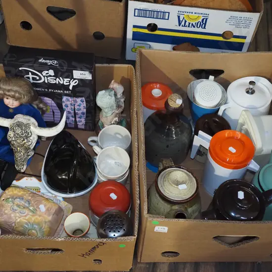2x boxes; doll, coffee cups, teapots etc - green dots