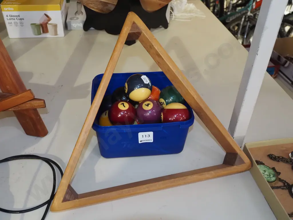 wooden pool triangle, container of pool balls Image 1++