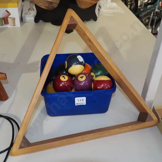 wooden pool triangle, container of pool balls