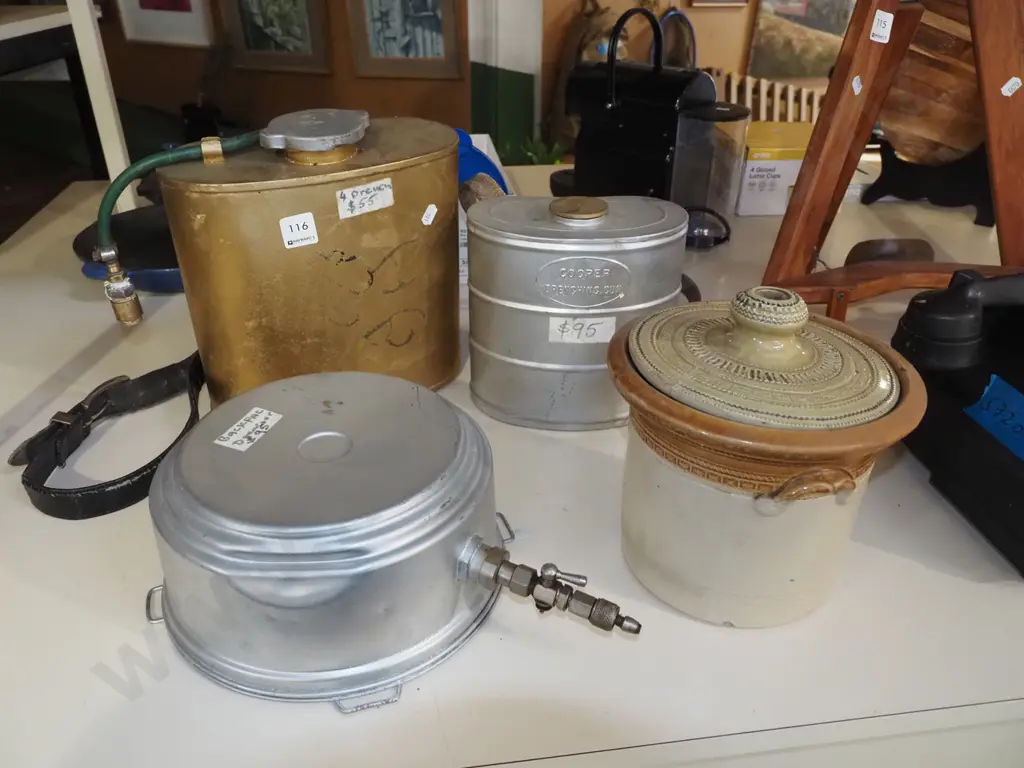 lidded stoneware crock, 3x metal backpack drenchers Image 1++