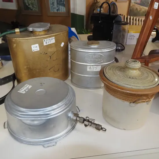 lidded stoneware crock, 3x metal backpack drenchers