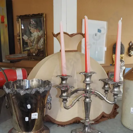 plated ice bucket and candelabra