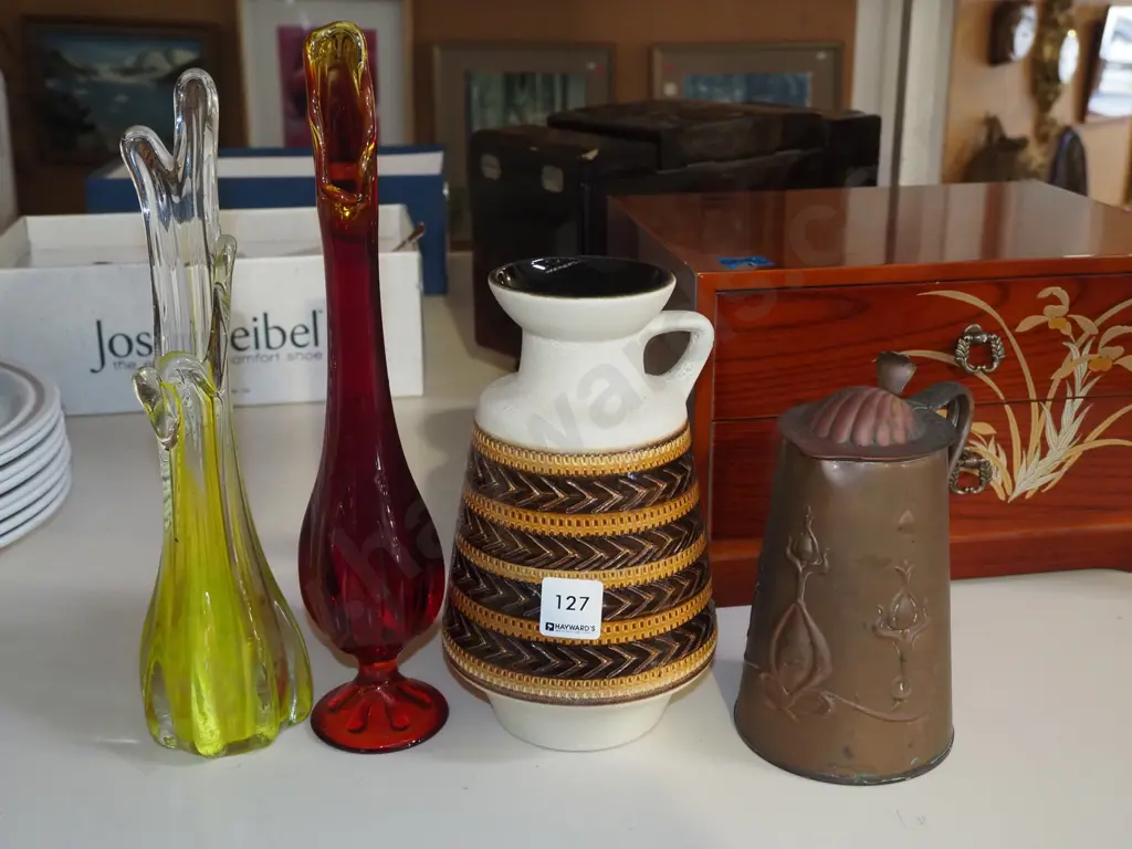 2x glass vases, German pottery ewer vase, small copper art nouveau lidded jug Image 1++