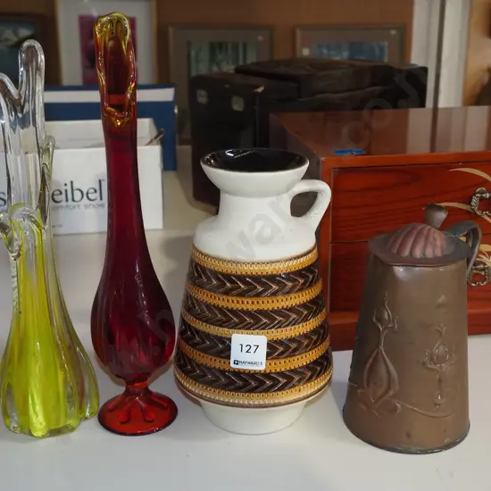 2x glass vases, German pottery ewer vase, small copper art nouveau lidded jug