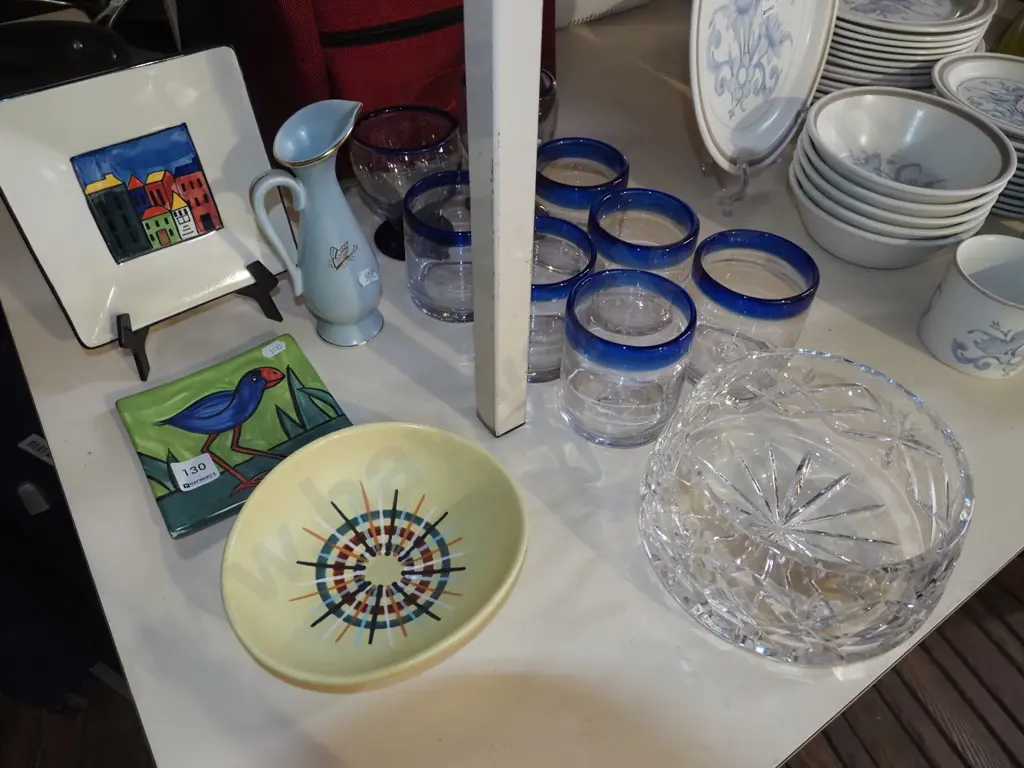 cut crystal bowl, blue glasses, pukeko plate etc Image 1++