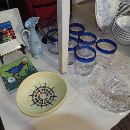 cut crystal bowl, blue glasses, pukeko plate etc
