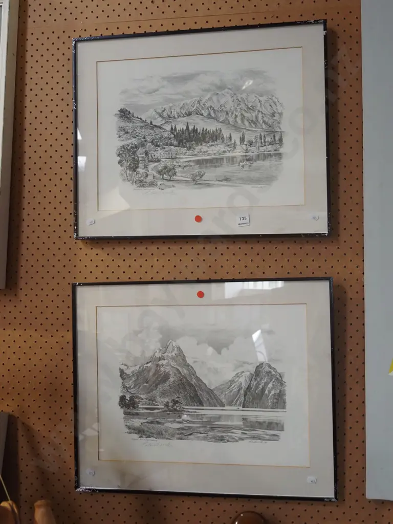 2x framed prints- Queenstown  - some water damage, Milford Sound - red dots Image 1++