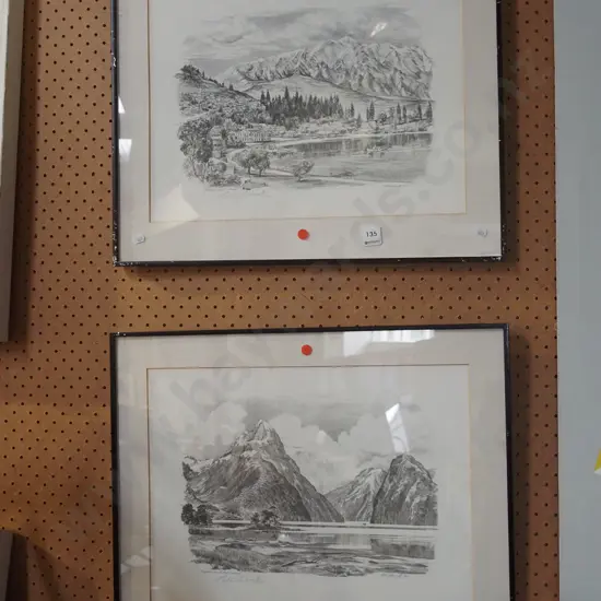 2x framed prints- Queenstown  - some water damage, Milford Sound - red dots