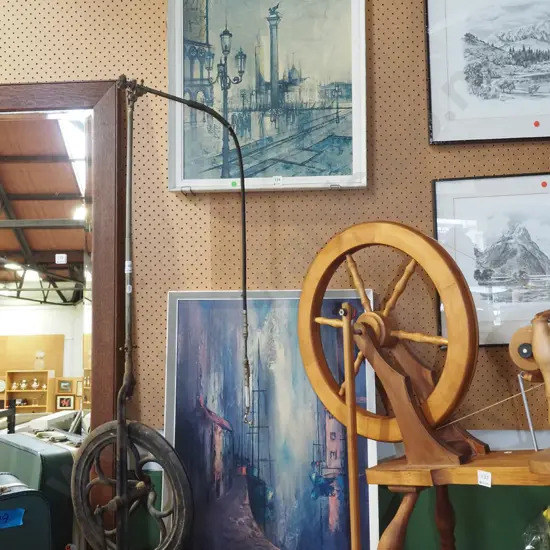 2x framed retro prints -  harbour scene, city scape - fading - green dots