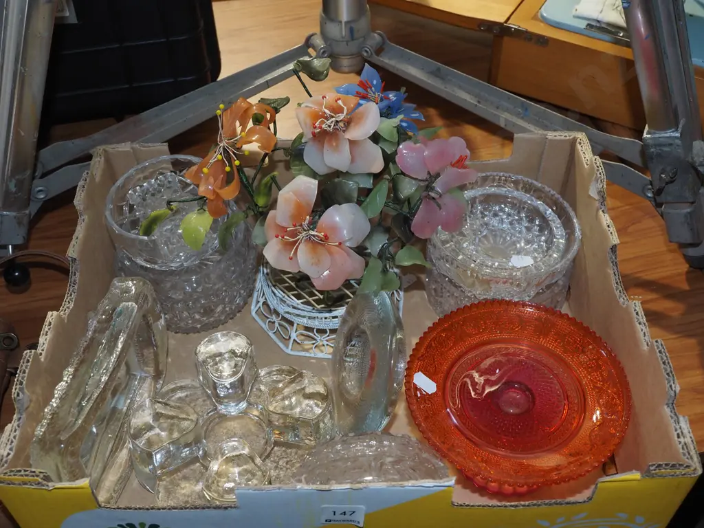 box; orange and ruby glass comport, candlesticks, picture frame etc Image 1++