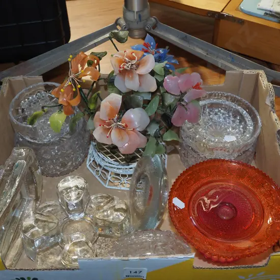 box; orange and ruby glass comport, candlesticks, picture frame etc