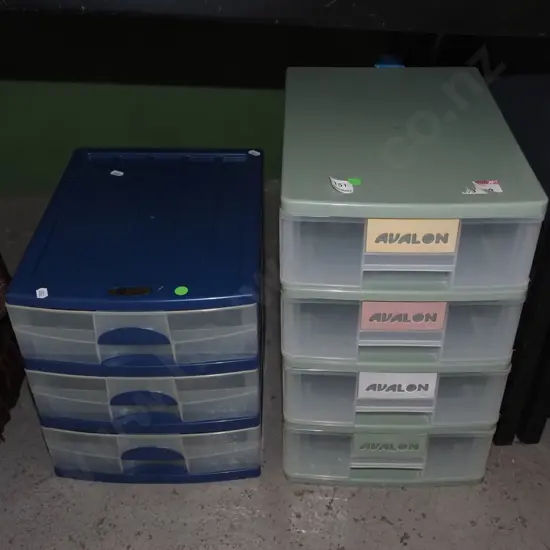 2x sets of plastic drawers - 3 drawers, 4 drawers - green dots