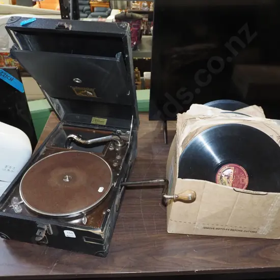 table top gramohone with box of 78s