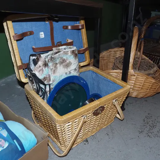 picnic hamper; blanket, enamel plates etc