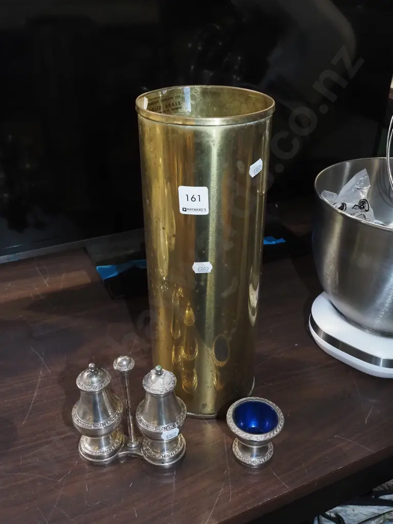 solid brass canister, plated salt and pepper, plated and blue plastic egg cup Image 1++