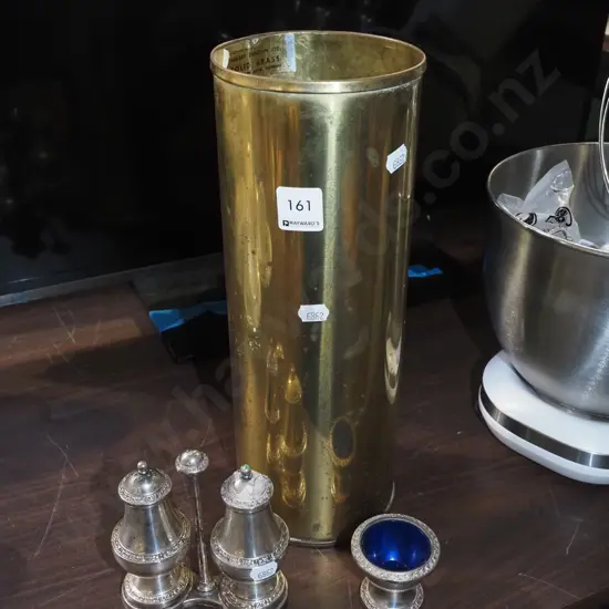 solid brass canister, plated salt and pepper, plated and blue plastic egg cup