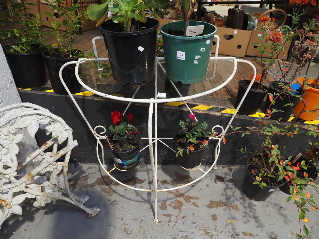 mid century half round patio table with 2x plant stands, glass top H720 W800 Image 1++