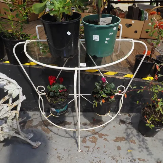 mid century half round patio table with 2x plant stands, glass top H720 W800