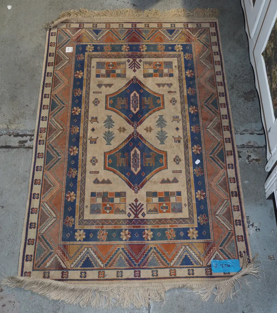 small Belgium viscose floor mat - blue, cream, orange L1030 W680 Image 1++