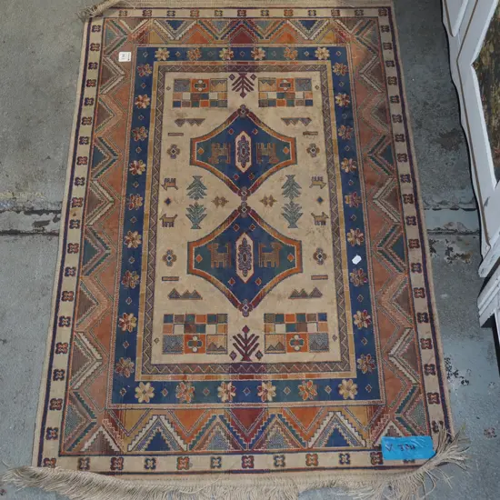 small Belgium viscose floor mat - blue, cream, orange L1030 W680