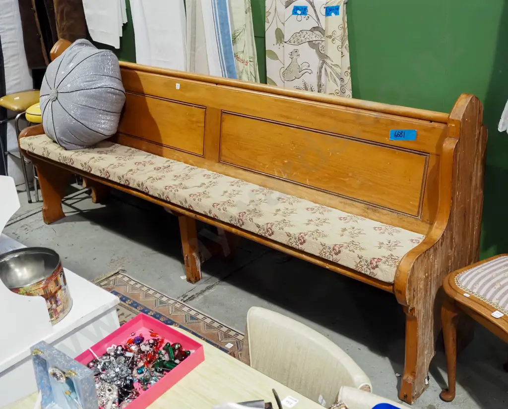 rimu church pew with deep button cushion damage to 1 end Image 1++