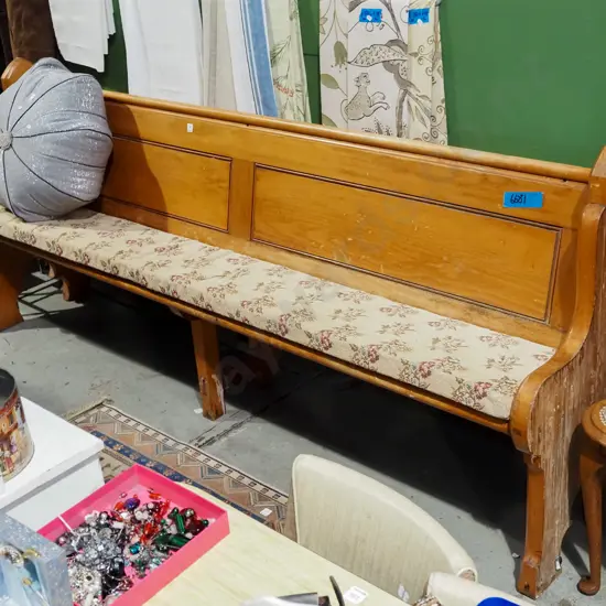 rimu church pew with deep button cushion damage to 1 end