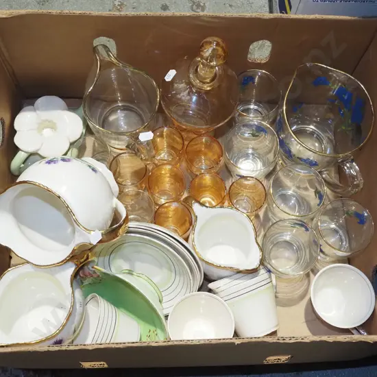 box; water jugs, glass tumblers, decanter etc