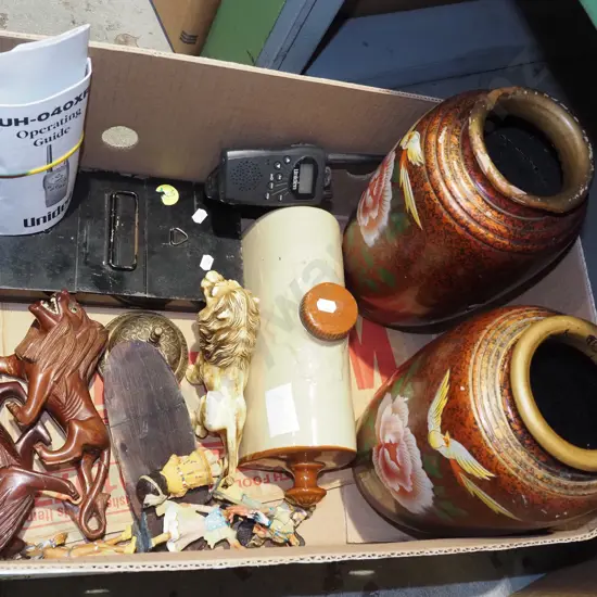 box; pair of Asian vases, stoneware hot water bottle etc