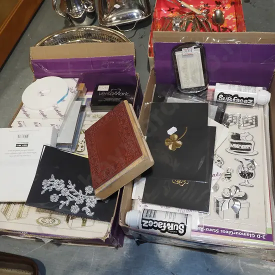 2x boxes of crafter's supplies; cards, stamps, card inserts etc