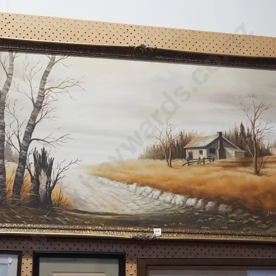 gilt framed oil - farmhouse and country road