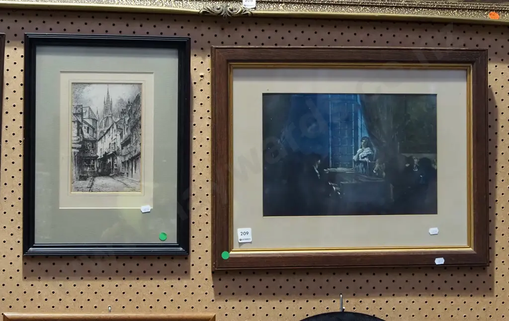 framed etching - Newcastle, framed print - piano recital - green dots Image 1++