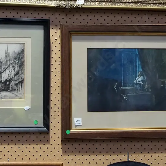 framed etching - Newcastle, framed print - piano recital - green dots