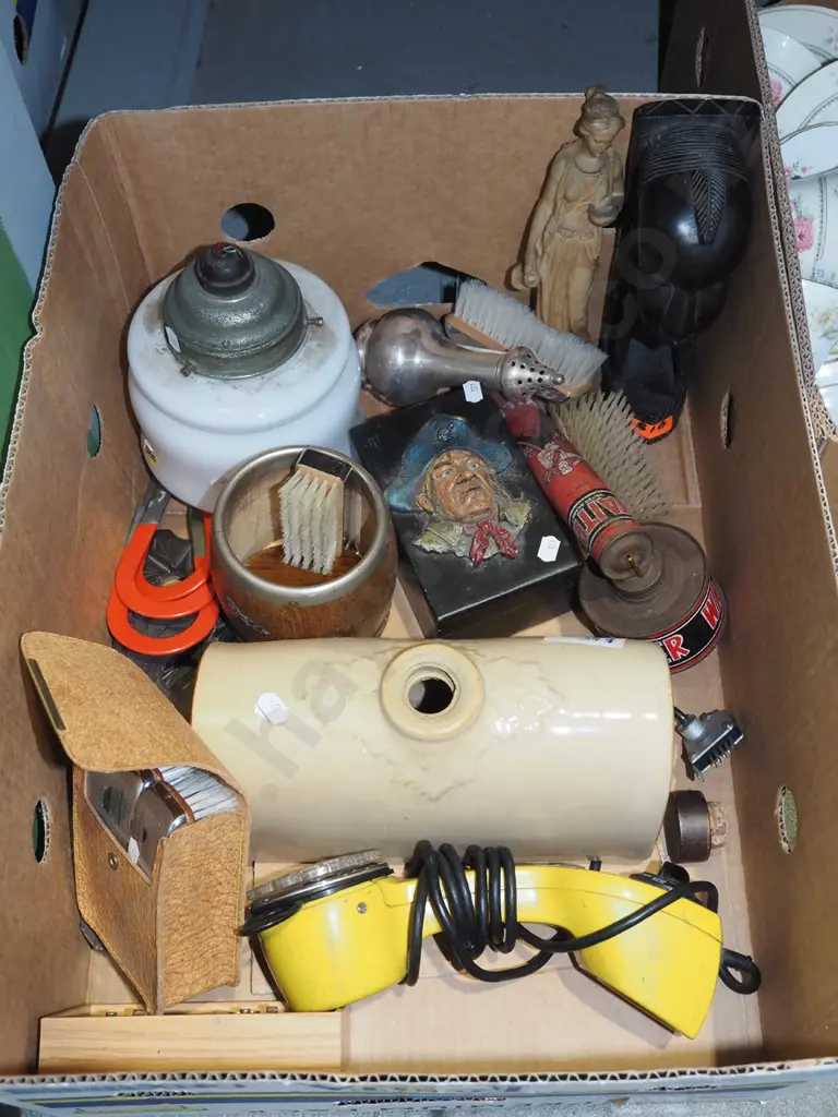 box; stoneware hotwater bottle, linemans telephone, figurines etc Image 1++