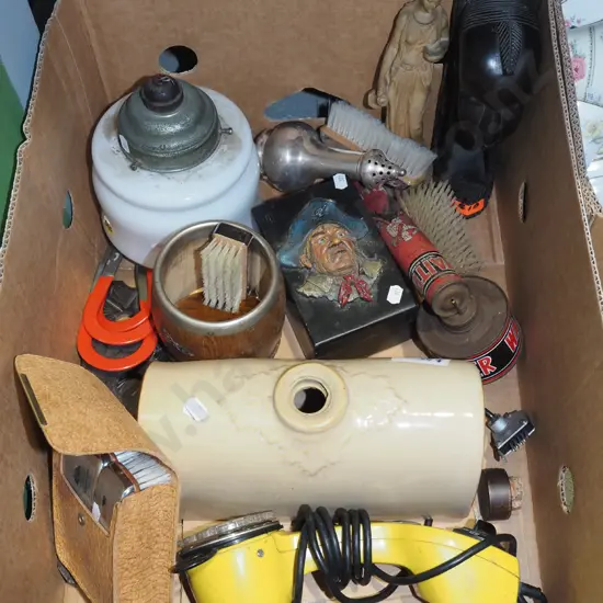 box; stoneware hotwater bottle, linemans telephone, figurines etc