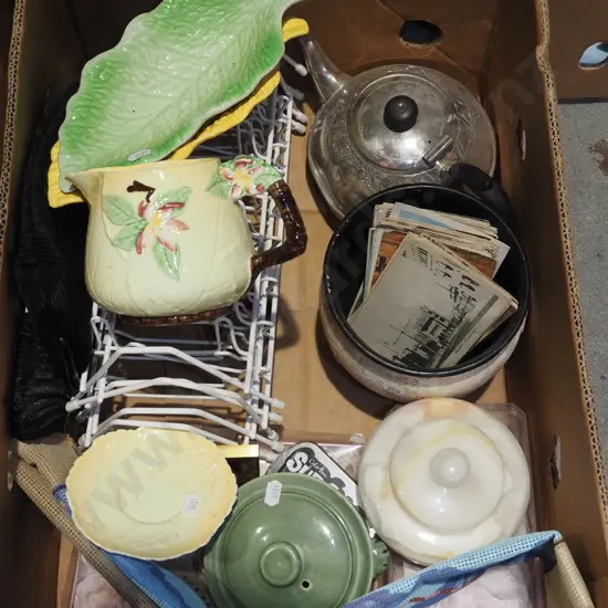 box; jardiniere, Carlton Ware jug, plate racks etc
