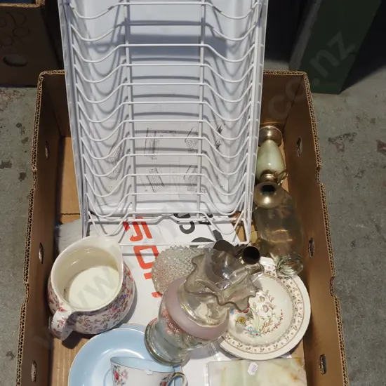 box; dish rack, hand painted glass jug, sweet dishes etc