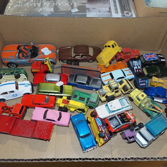 box of toy vehicles