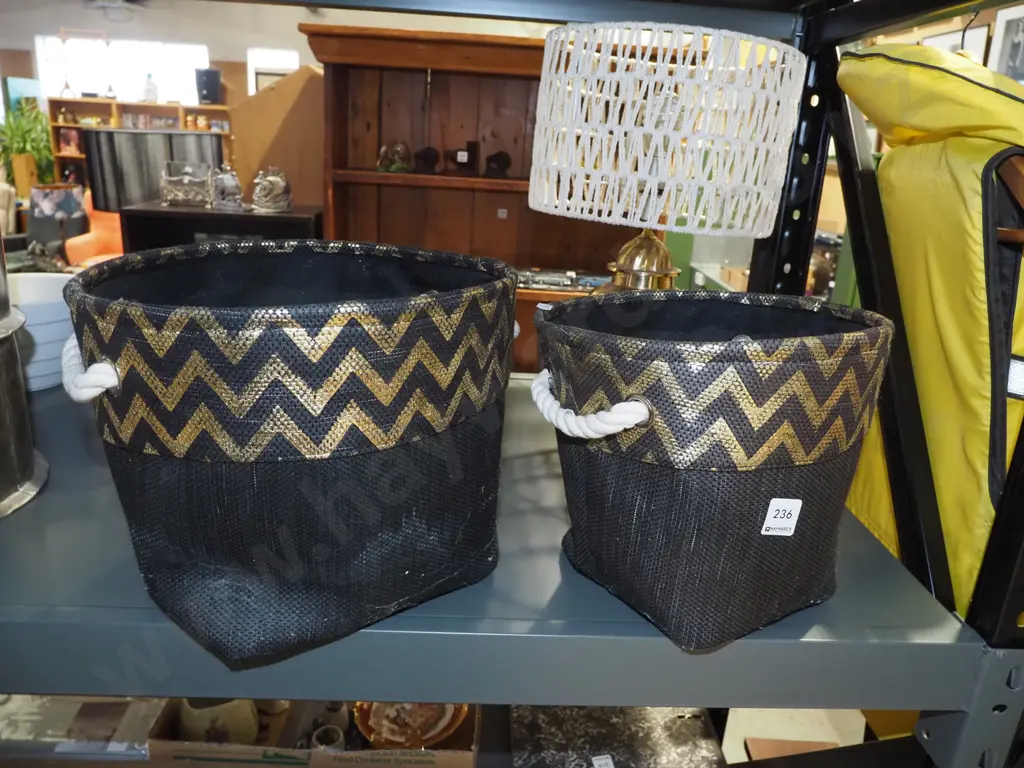 2x black and gold fabric baskets Image 1++
