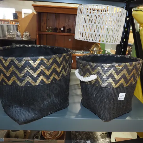 2x black and gold fabric baskets