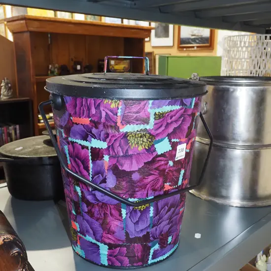 lidded floral decorated pail H34