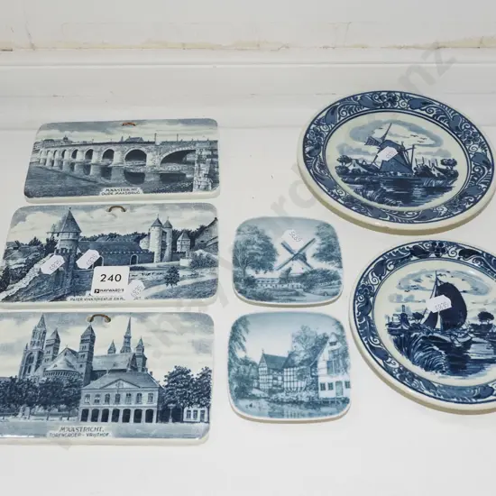 delft ware plates, Danish pin dishes, 3x blue and white Dutch souvenir tiles