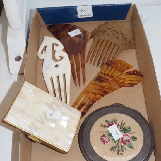 box; hair combs, powder compact, cigarette case