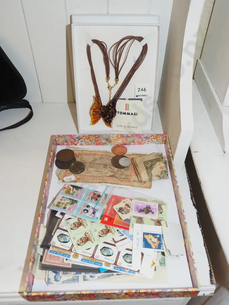 butterfly pendant necklace, stamps, notes, coins Image 1++