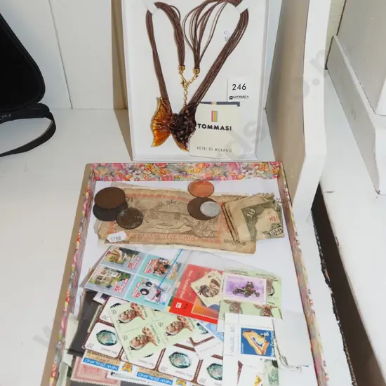 butterfly pendant necklace, stamps, notes, coins